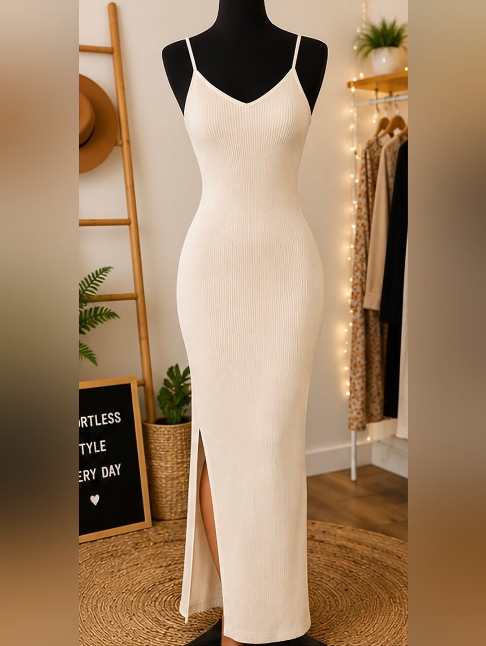Windsor Ivory Ribbed Spaghetti-Strap Maxi Dress with Side Slit